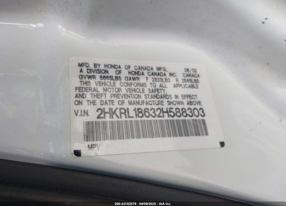2002 HONDA ODYSSEY EX VIN: 2HKRL18632H588303