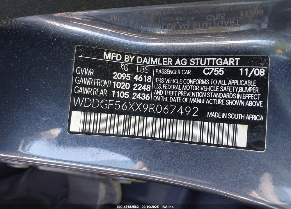 2009 MERCEDES-BENZ C CLASS VIN: WDDGF56XX9R067492