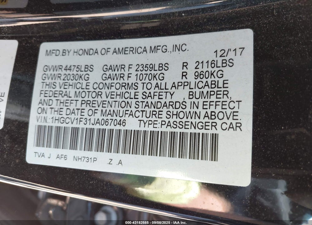 2018 HONDA ACCORD SPORT VIN: 1HGCV1F31JA067046