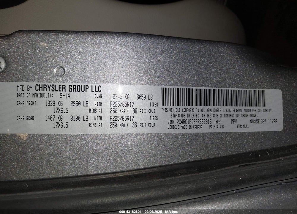 2015 CHRYSLER TOWN & COUNTRY TOURING VIN: 2C4RC1BG5FR552915