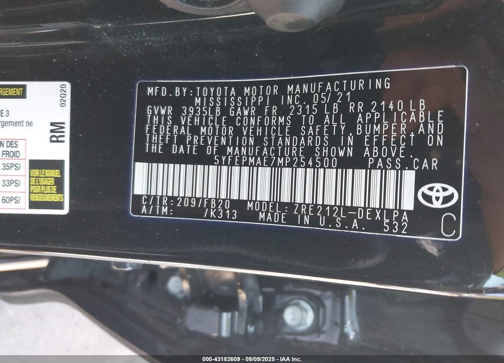 2021 TOYOTA COROLLA VIN: 5YFEPMAE7MP254500