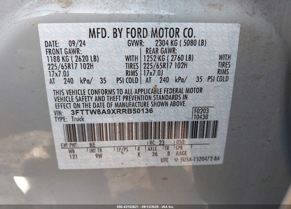 2024 FORD MAVERICK VIN: 3FTTW8A9XRRB50136