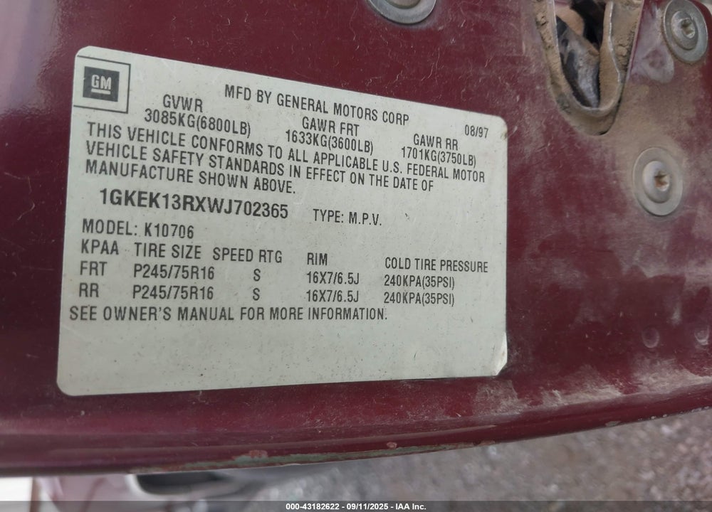 1998 GMC YUKON SLT VIN: 1GKEK13RXWJ702365