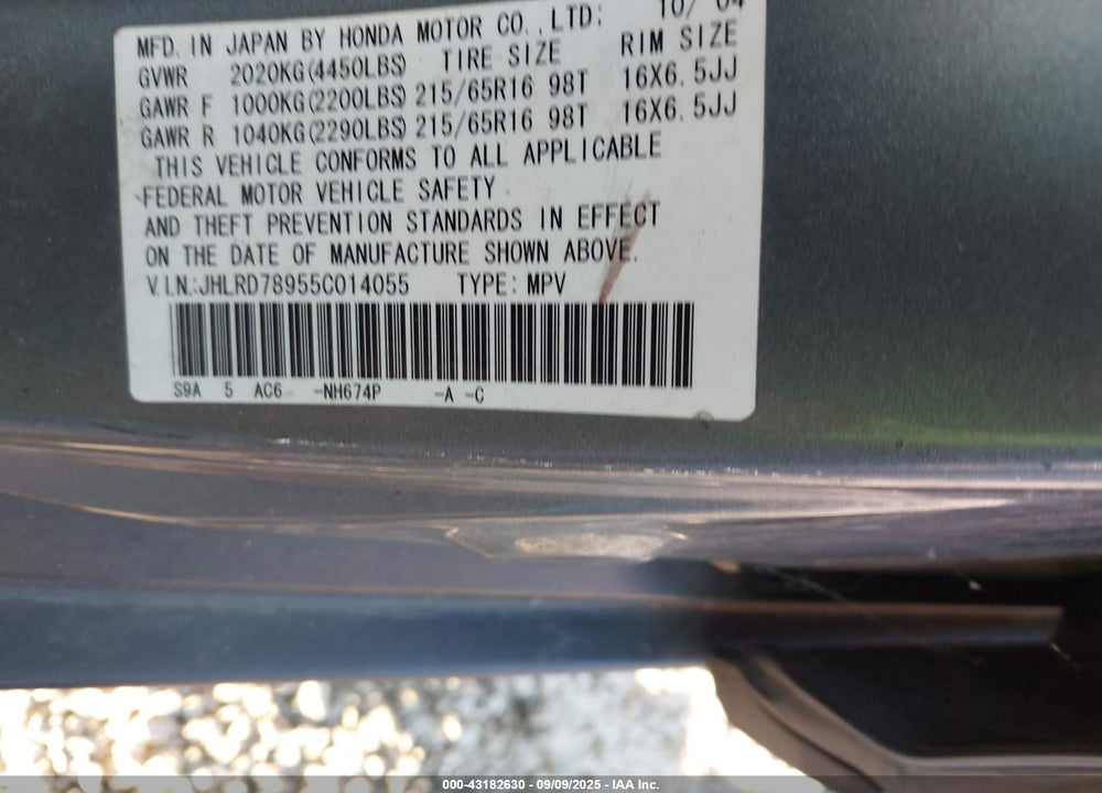 2005 HONDA CR-V SE VIN: JHLRD78955C014055
