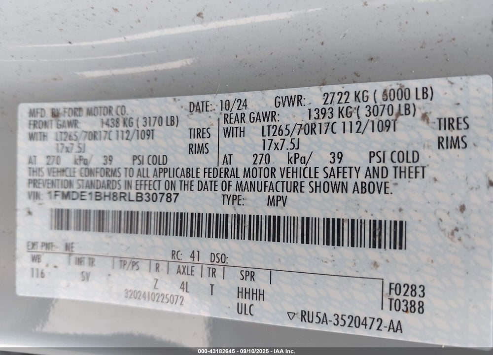 2024 FORD BRONCO VIN: 1FMDE1BH8RLB30787