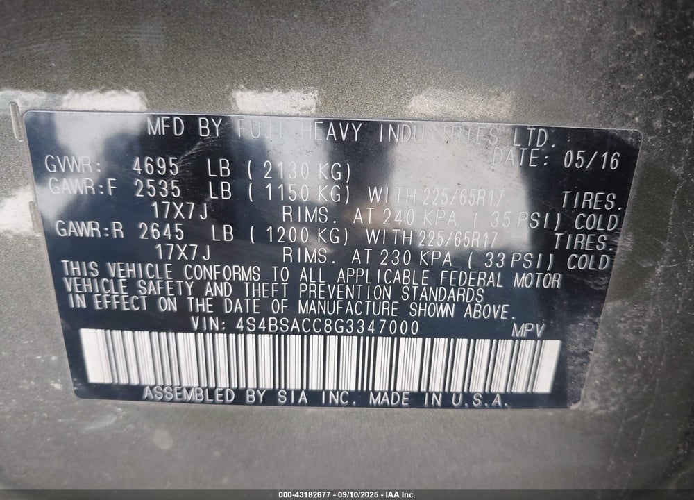 2016 SUBARU OUTBACK VIN: 4S4BSACC8G3347000