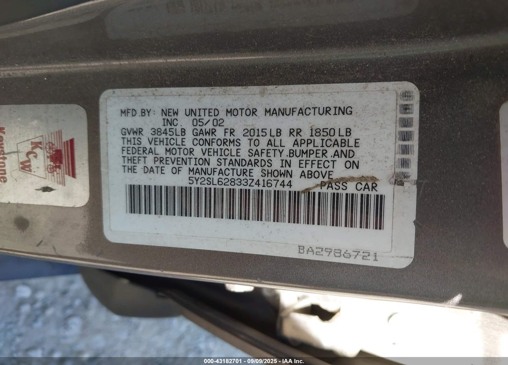 2003 PONTIAC VIBE VIN: 5Y2SL62833Z416744