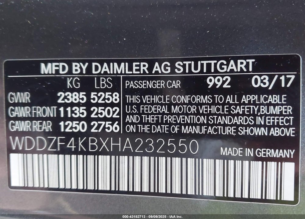 2017 MERCEDES-BENZ E 300 4MATIC VIN: WDDZF4KBXHA232550