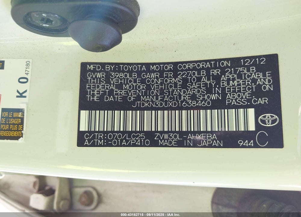 2013 TOYOTA PRIUS VIN: JTDKN3DUXD1638460