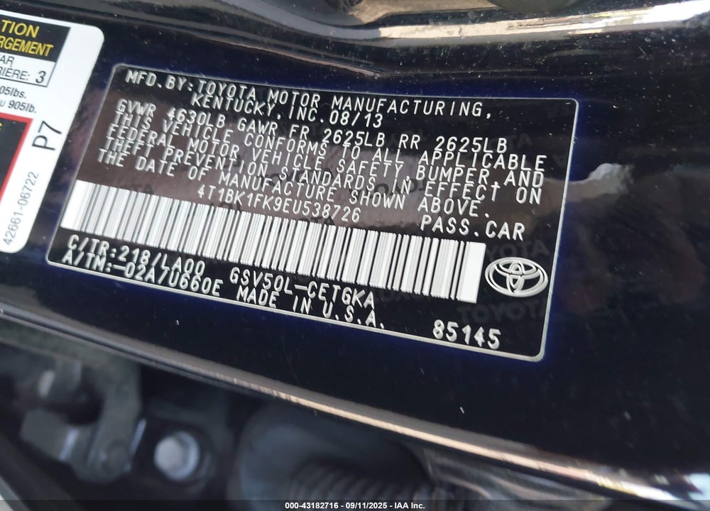 2014 TOYOTA CAMRY VIN: 4T1BK1FK9EU538726