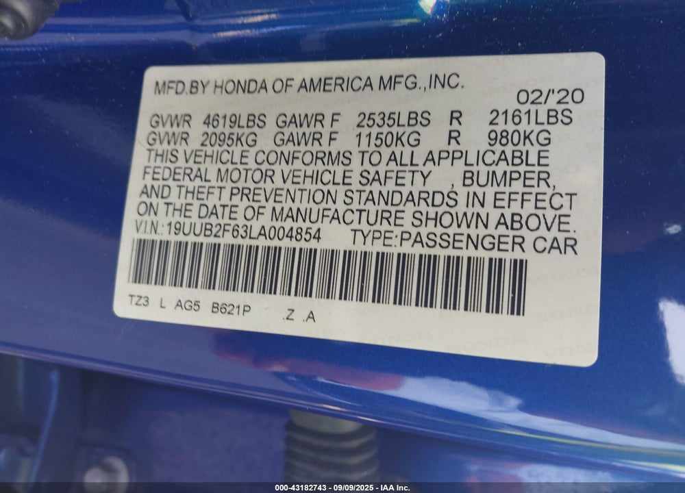 2020 ACURA TLX VIN: 19UUB2F63LA004854