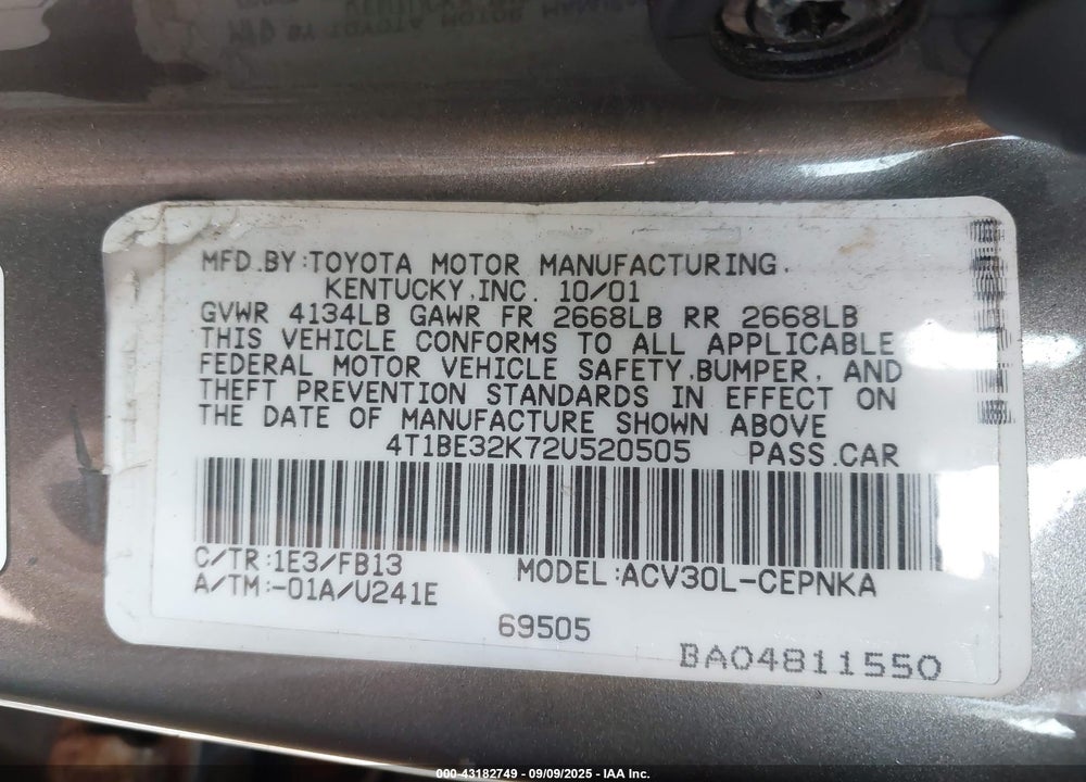 2002 TOYOTA CAMRY LE VIN: 4T1BE32K72U520505
