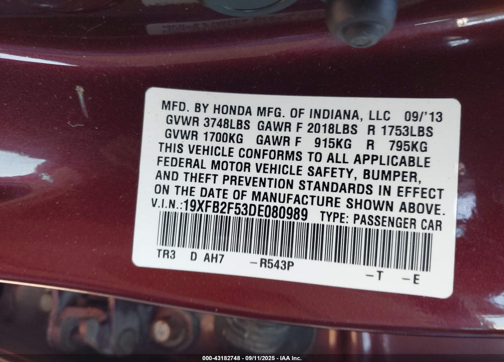 2013 HONDA CIVIC VIN: 19XFB2F53DE080989