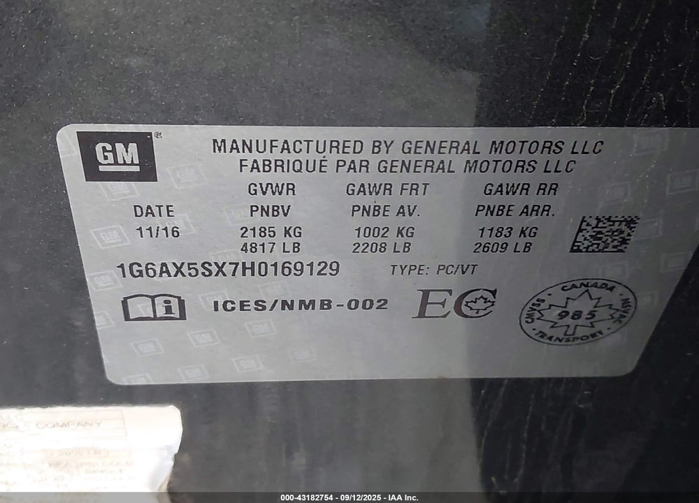 2017 CADILLAC CTS VIN: 1G6AX5SX7H0169129