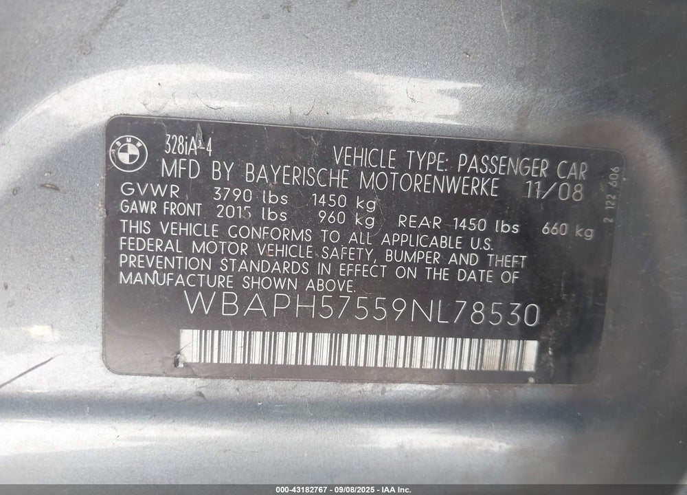 2009 BMW 328I VIN: WBAPH57559NL78530
