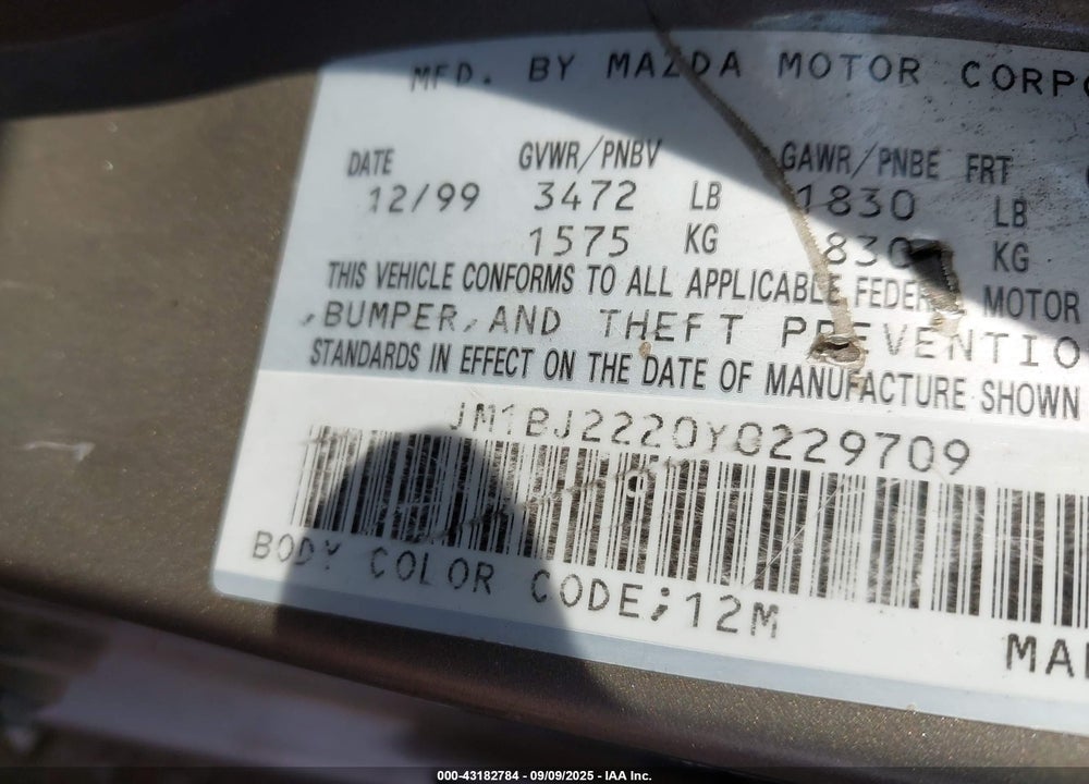 2000 MAZDA PROTEGE DX/LX VIN: JM1BJ2220Y0229709