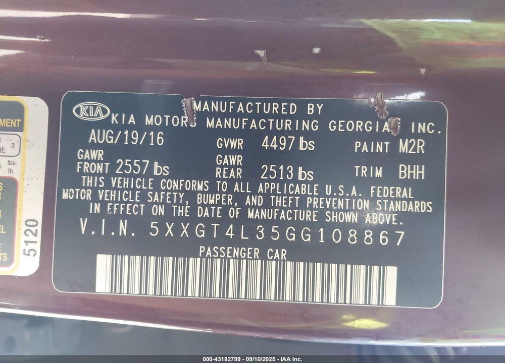 2016 KIA OPTIMA LX VIN: 5XXGT4L35GG108867