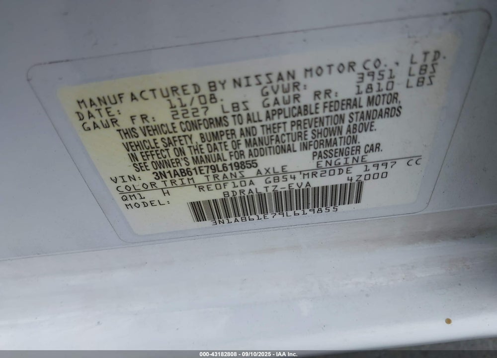 2009 NISSAN SENTRA VIN: 3N1AB61E79L619855