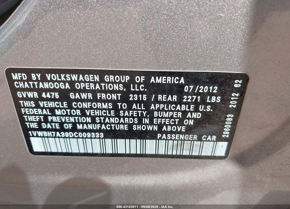 2013 VOLKSWAGEN PASSAT VIN: 1VWBH7A39DC009333