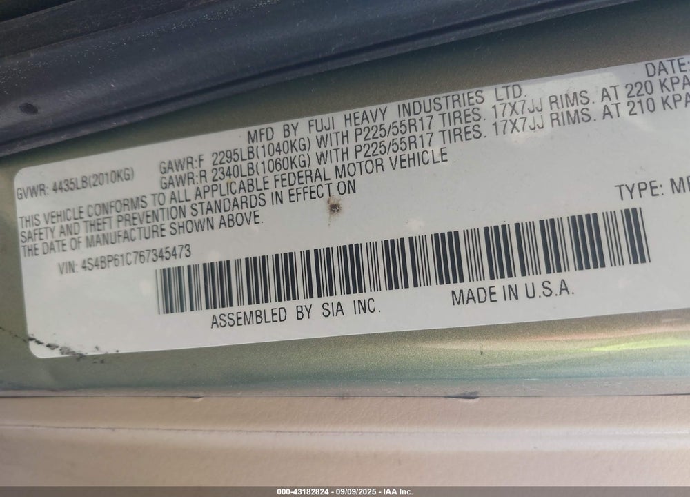 2006 SUBARU OUTBACK 2.5I VIN: 4S4BP61C767345473