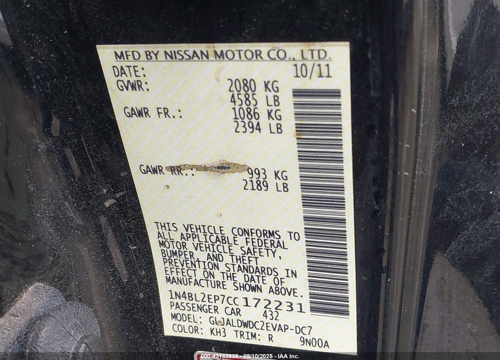 2012 NISSAN ALTIMA VIN: 1N4BL2EP7CC172231