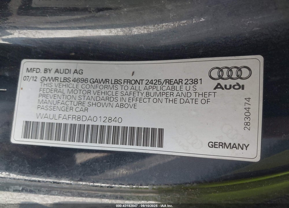 2013 AUDI A5 VIN: WAULFAFR8DA012840