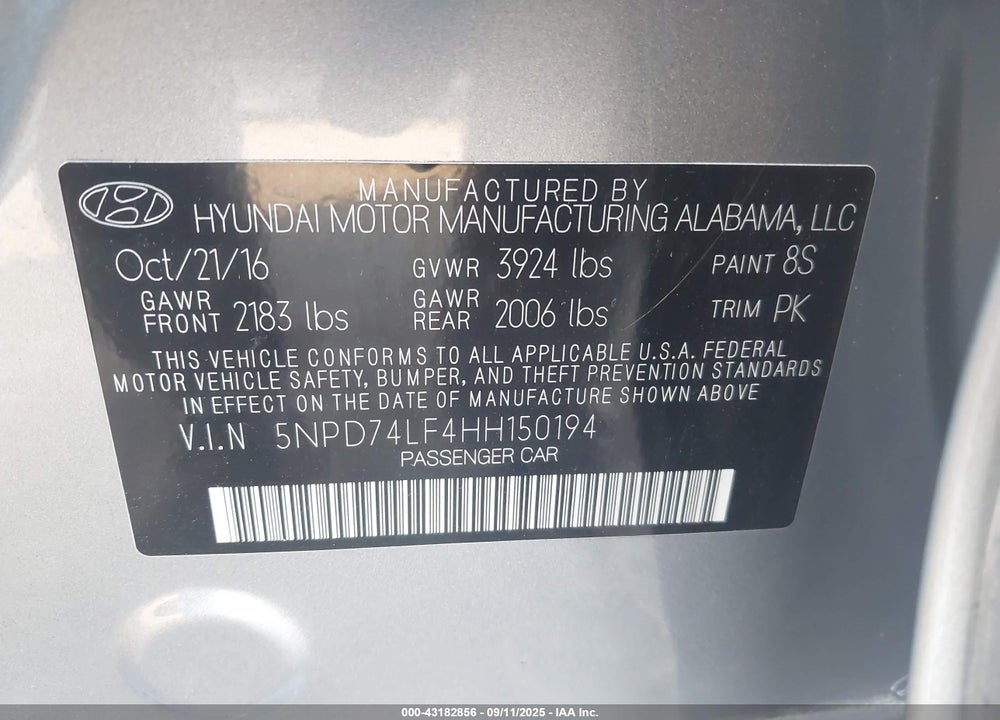 2017 HYUNDAI ELANTRA SE VIN: 5NPD74LF4HH150194