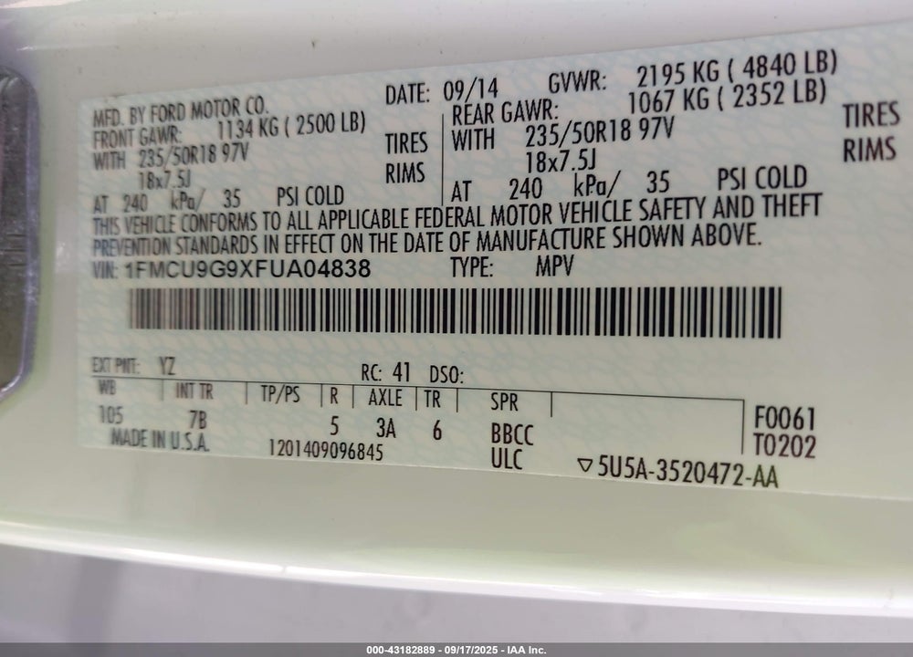 2015 FORD ESCAPE SE VIN: 1FMCU9G9XFUA04838