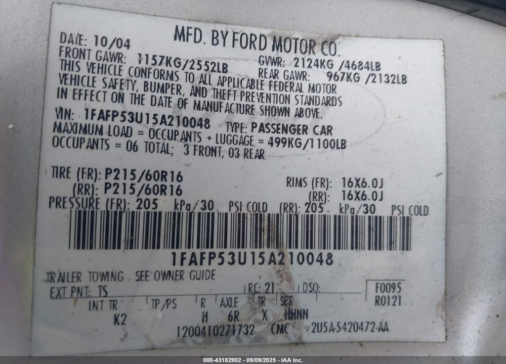 2005 FORD TAURUS SE VIN: 1FAFP53U15A210048