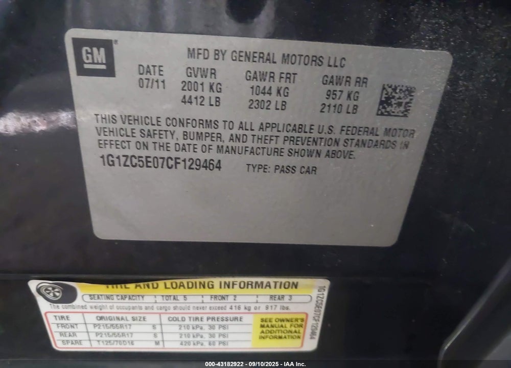 2012 CHEVROLET MALIBU 1LT VIN: 1G1ZC5E07CF129464