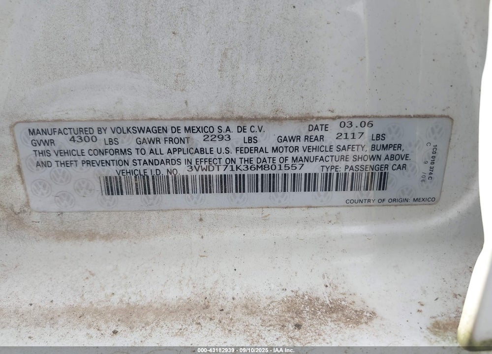 2006 VOLKSWAGEN JETTA TDI VIN: 3VWDT71K36M801557