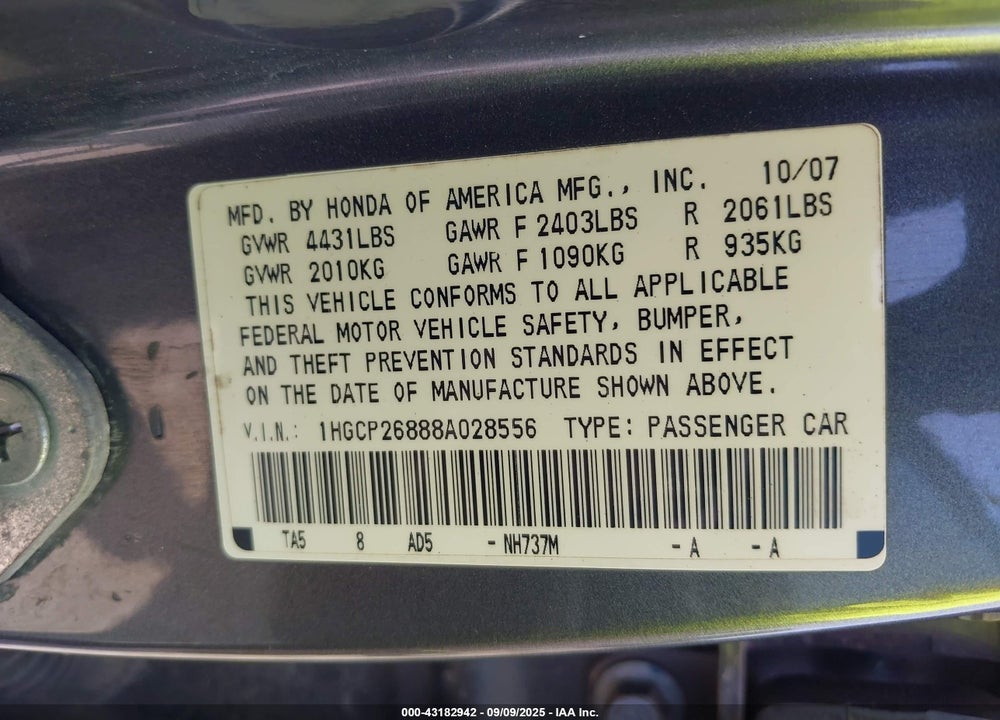 2008 HONDA ACCORD 2.4 EX-L VIN: 1HGCP26888A028556