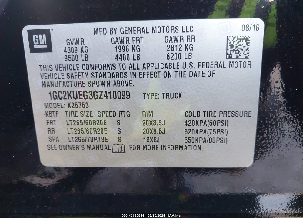 2016 CHEVROLET SILVERADO 2500 VIN: 1GC2KUEG3GZ410099