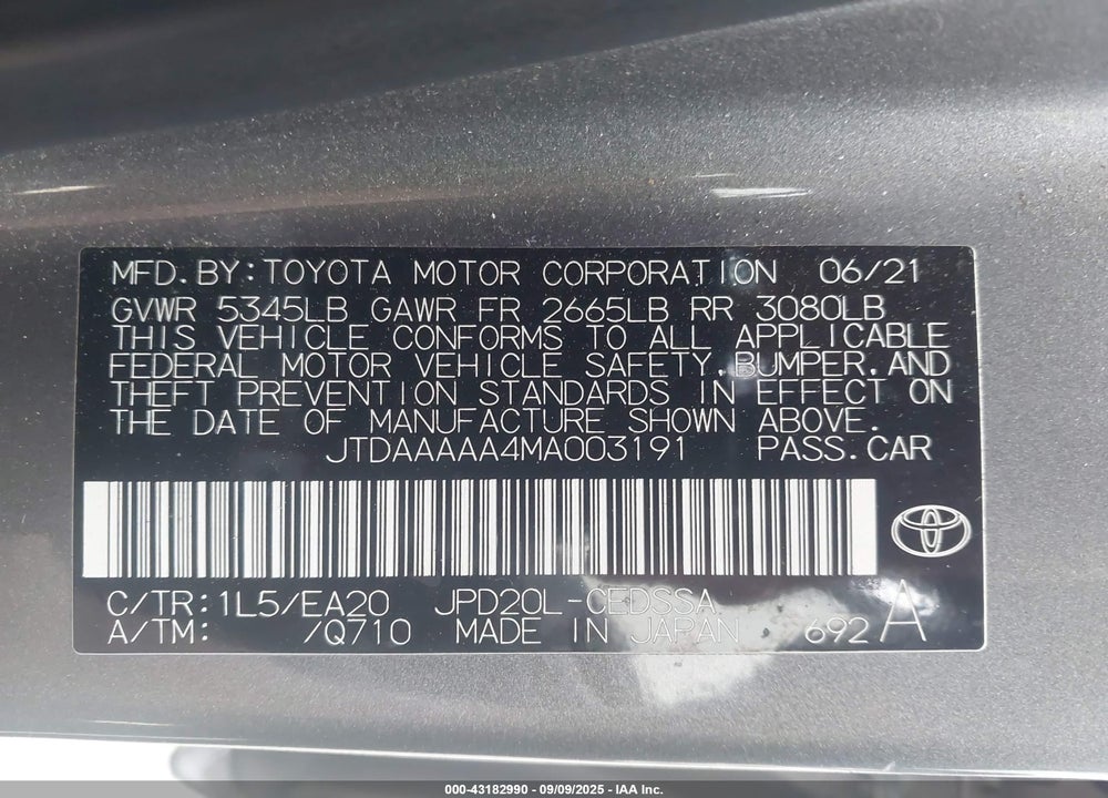 2021 TOYOTA MIRAI VIN: JTDAAAAA4MA003191