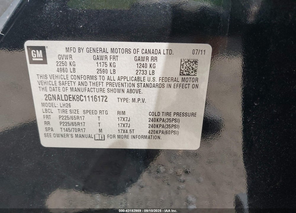 2012 CHEVROLET EQUINOX VIN: 2GNALDEK8C1116172