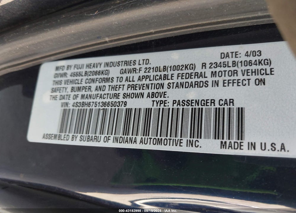 2003 SUBARU OUTBACK VIN: 4S3BH675136650379