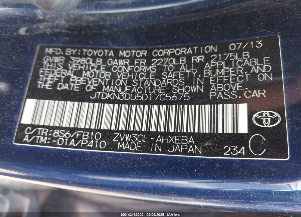2013 TOYOTA PRIUS VIN: JTDKN3DU5D1705675