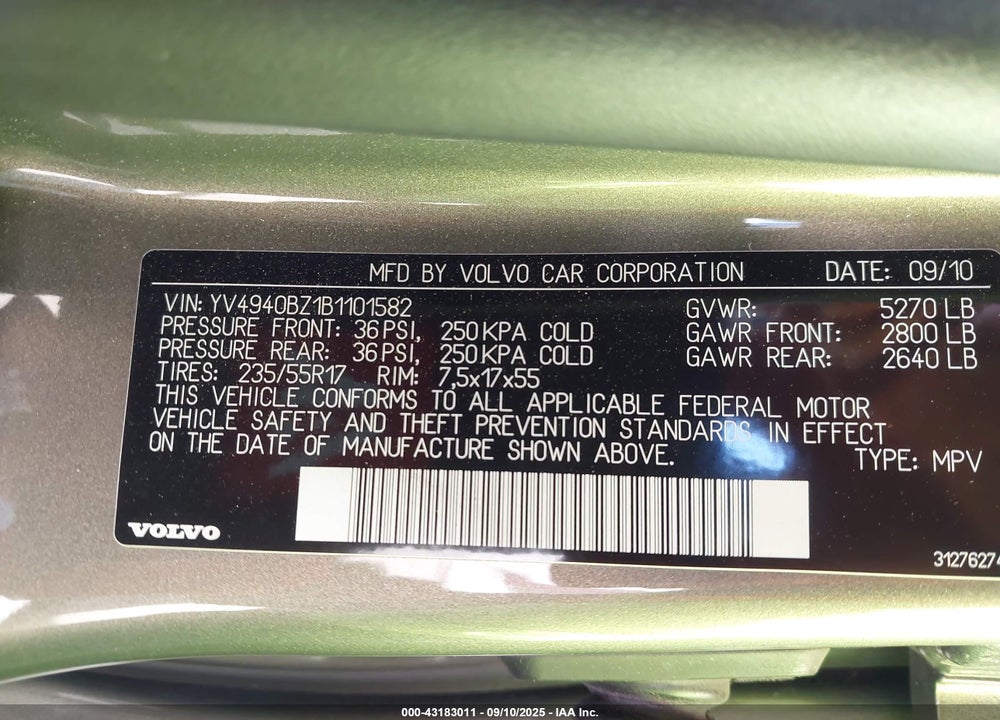 2011 VOLVO XC70 VIN: YV4940BZ1B1101582