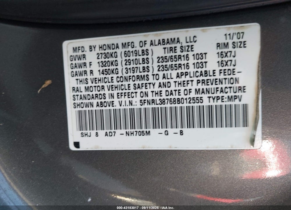 2008 HONDA ODYSSEY EX-L VIN: 5FNRL38768B012555