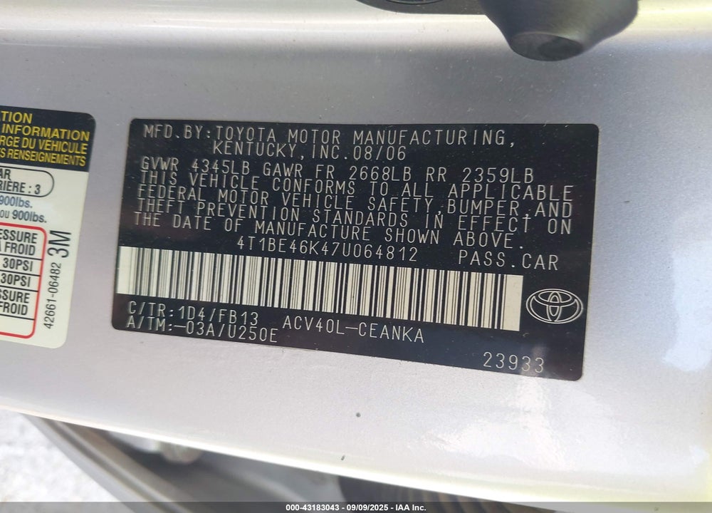 2007 TOYOTA CAMRY VIN: 4T1BE46K47U064812