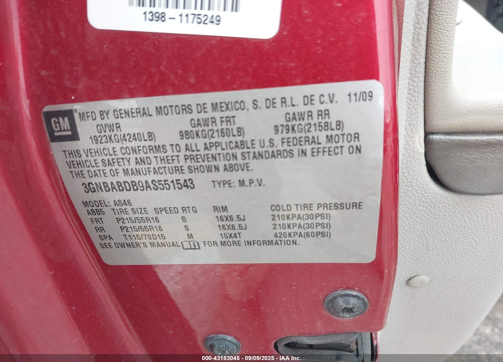 2010 CHEVROLET HHR VIN: 3GNBABDB9AS551543