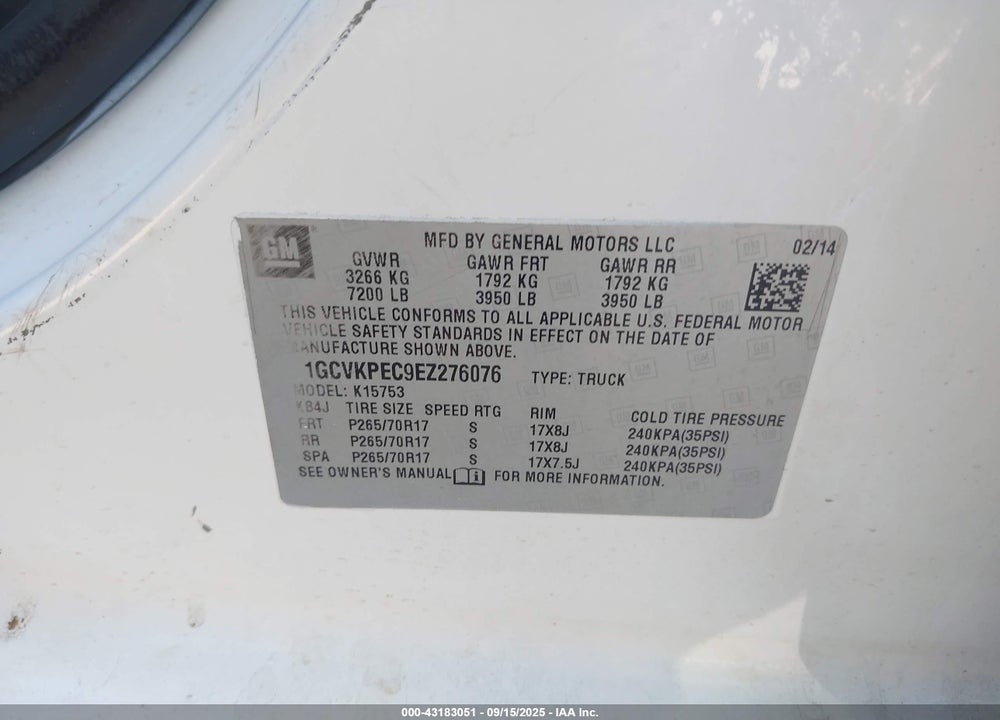 2014 CHEVROLET SILVERADO 1500 VIN: 1GCVKPEC9EZ276076