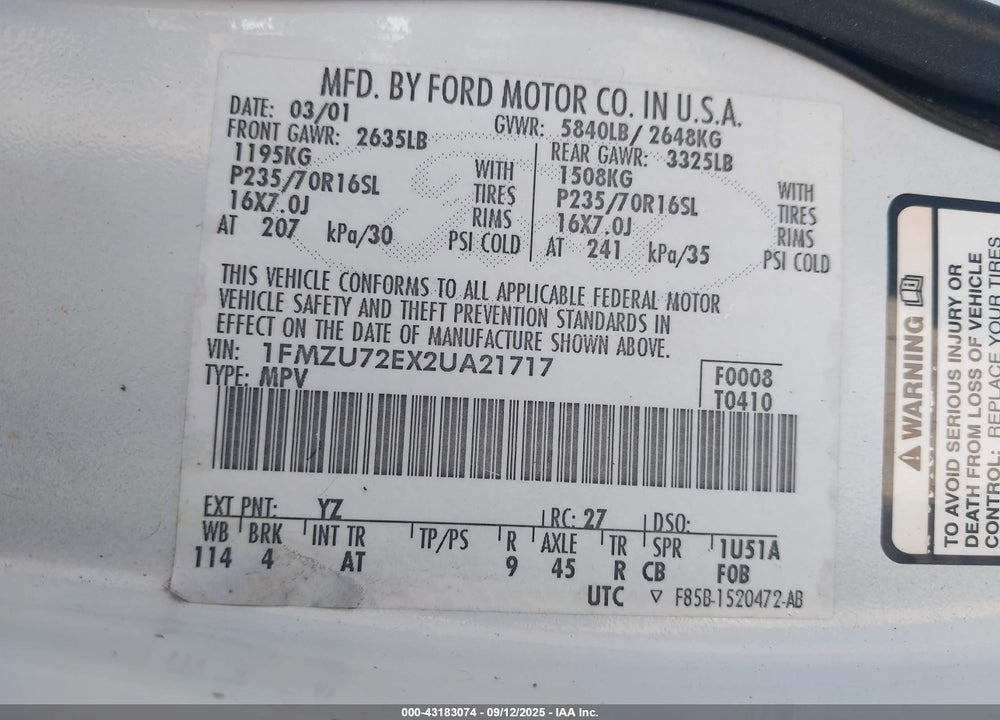 2002 FORD EXPLORER VIN: 1FMZU72EX2UA21717