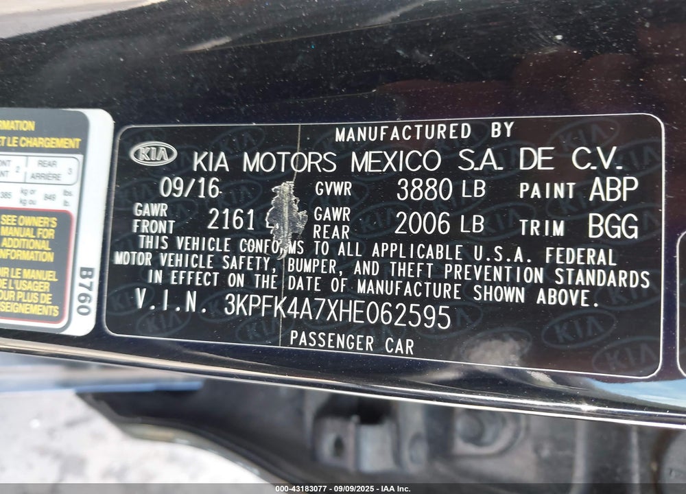2017 KIA FORTE VIN: 3KPFK4A7XHE062595