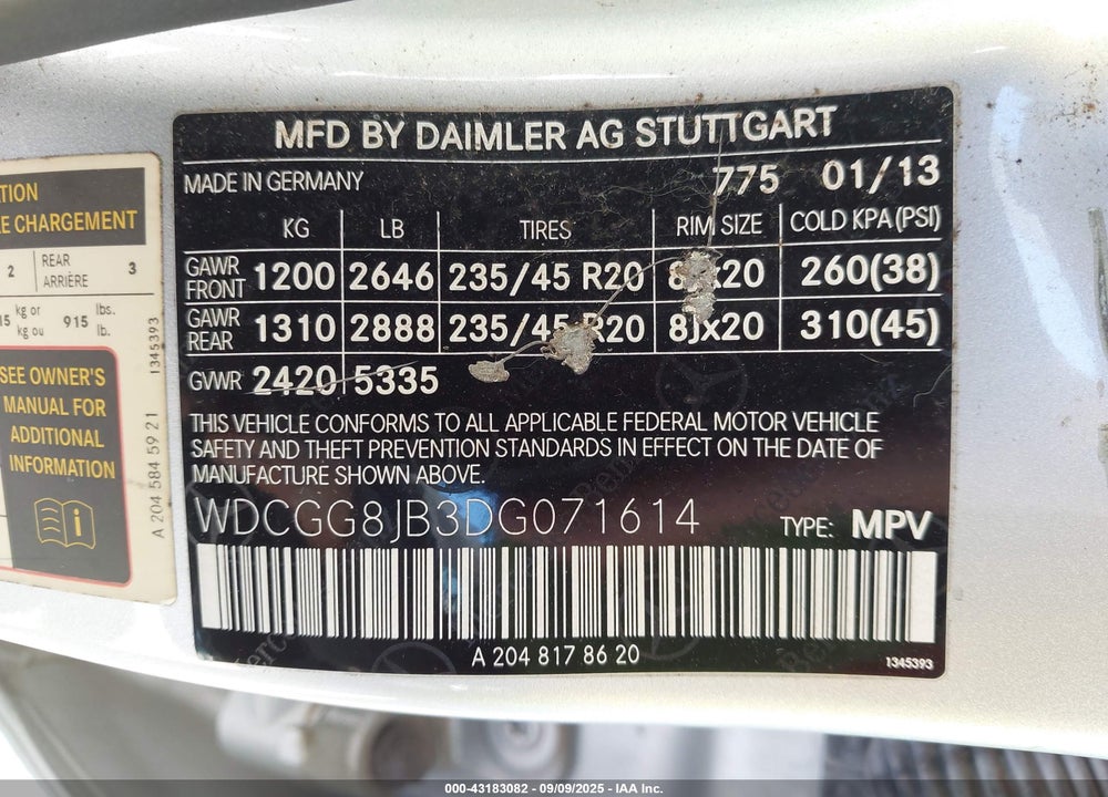 2013 MERCEDES-BENZ GLK-CLASS VIN: WDCGG8JB3DG071614