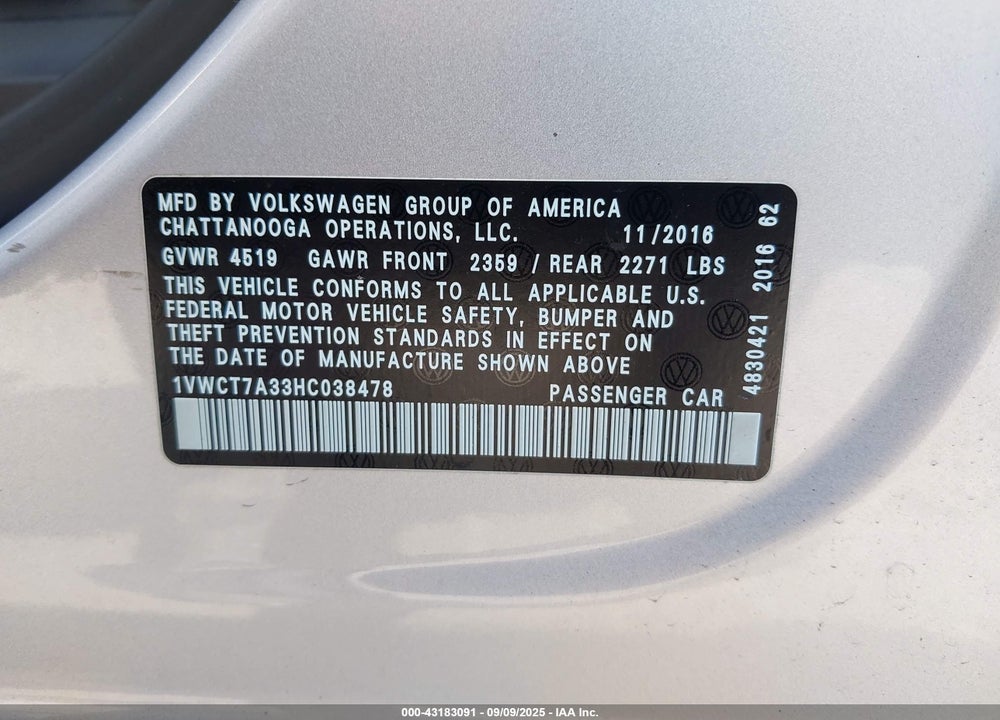 2017 VOLKSWAGEN PASSAT VIN: 1VWCT7A33HC038478