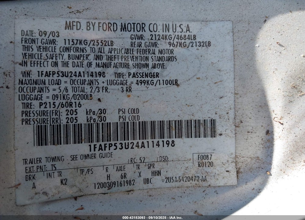 2004 FORD TAURUS SE VIN: 1FAFP53U24A114198