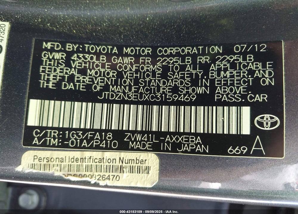 2012 TOYOTA PRIUS V VIN: JTDZN3EUXC3159469