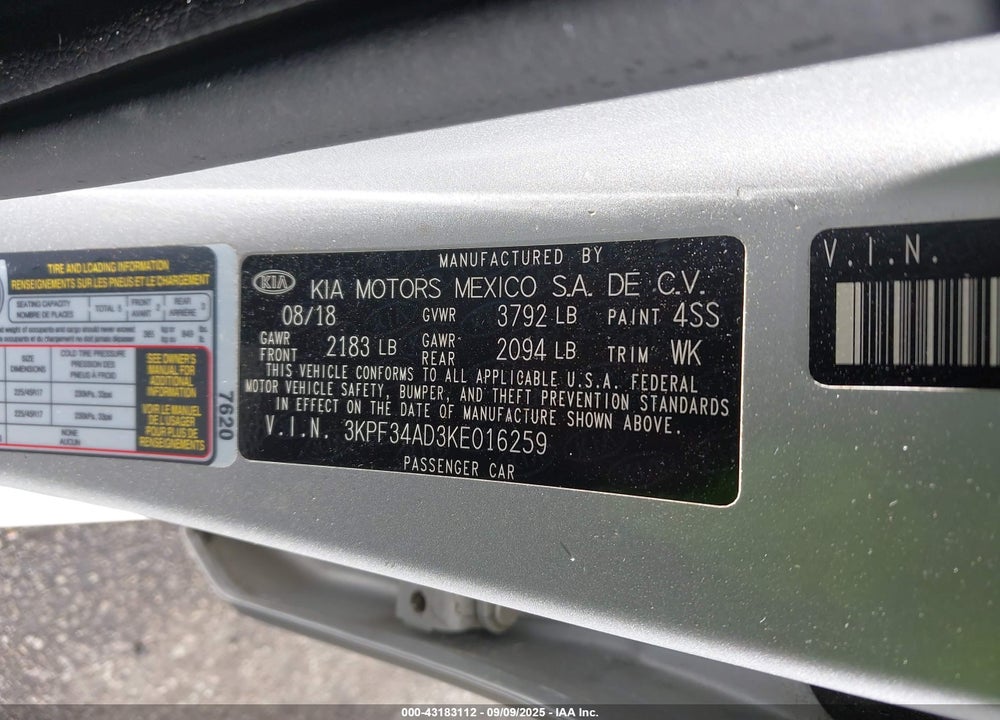 2019 KIA FORTE VIN: 3KPF34AD3KE016259