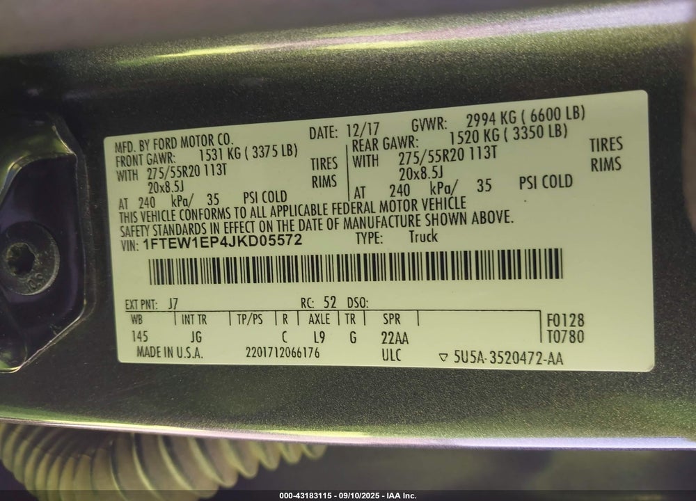 2018 FORD F-150 XL VIN: 1FTEW1EP4JKD05572